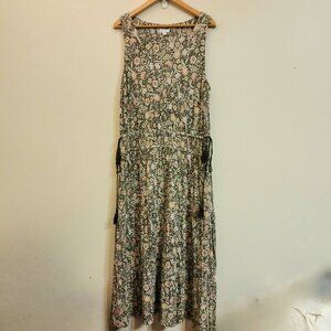 J Jill TierMaxi Floral Dress Women L Boho Khaki Green Slvless Cottage core Chic